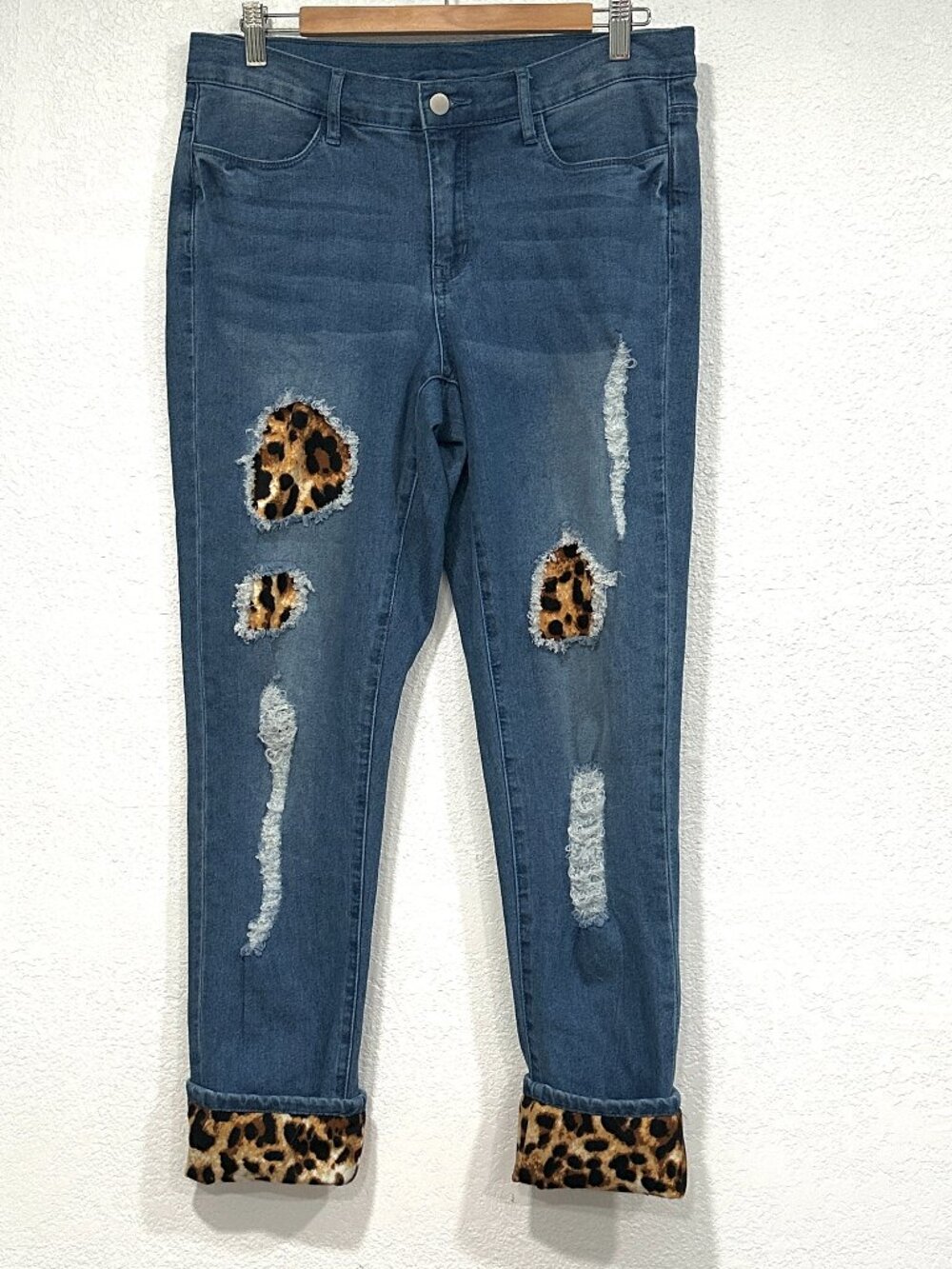 Venus Jeans Blue Stretch Denim Factory Distressed Animal Print 33x31 Womens Sz 8